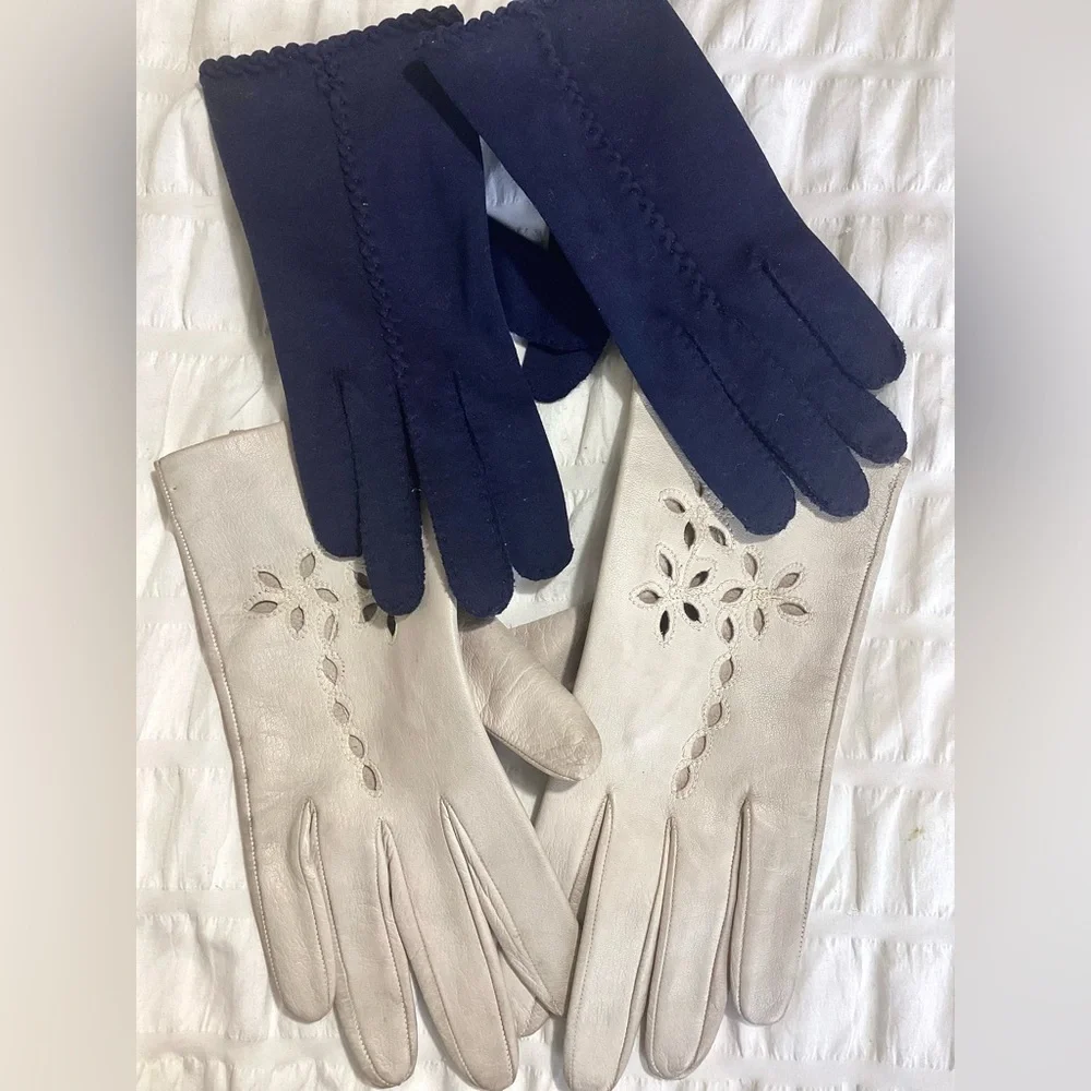 Womens Vtg Set Of Gloves Small Eyelet Cutout Leather & French Knot Fabric
